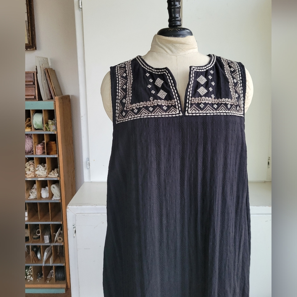 J Jill Embroidered Womens Shift Dress Boho Black Pockets Knee Length SZ S Cotton - Picture 7 of 8